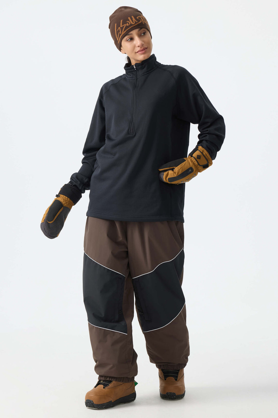 Women's Brown Color-Block Reflective Baggy Snow Pants