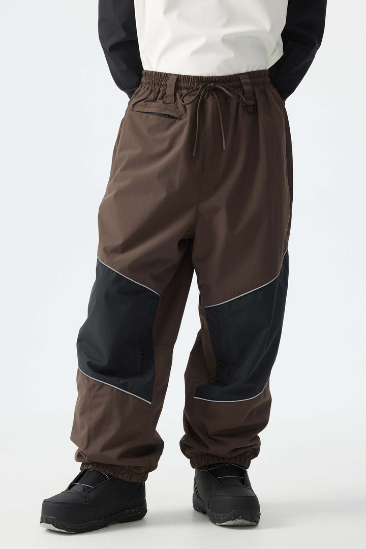 Men's Brown Color-Block Reflective Baggy Snow Pants