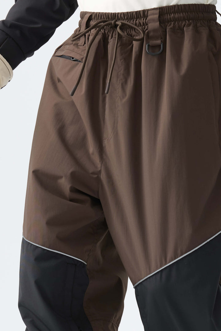 Men's Brown Color-Block Reflective Baggy Snow Pants