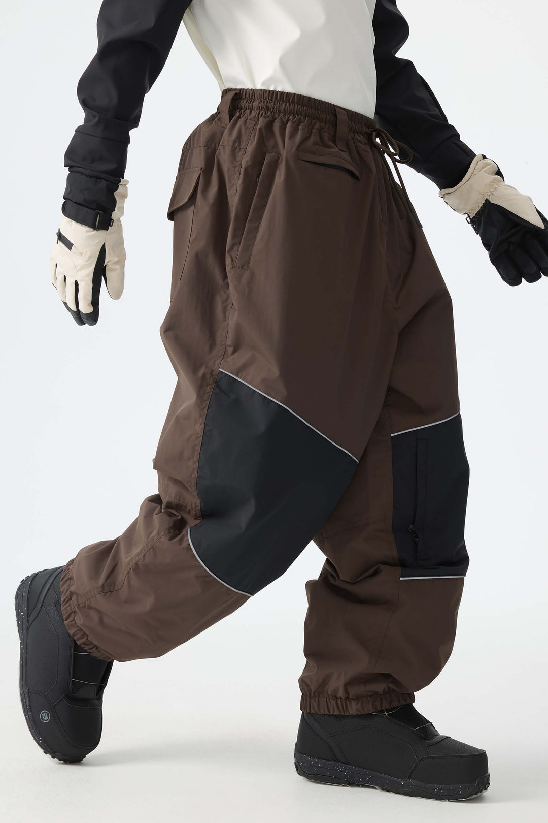 Men's Brown Color-Block Reflective Baggy Snow Pants