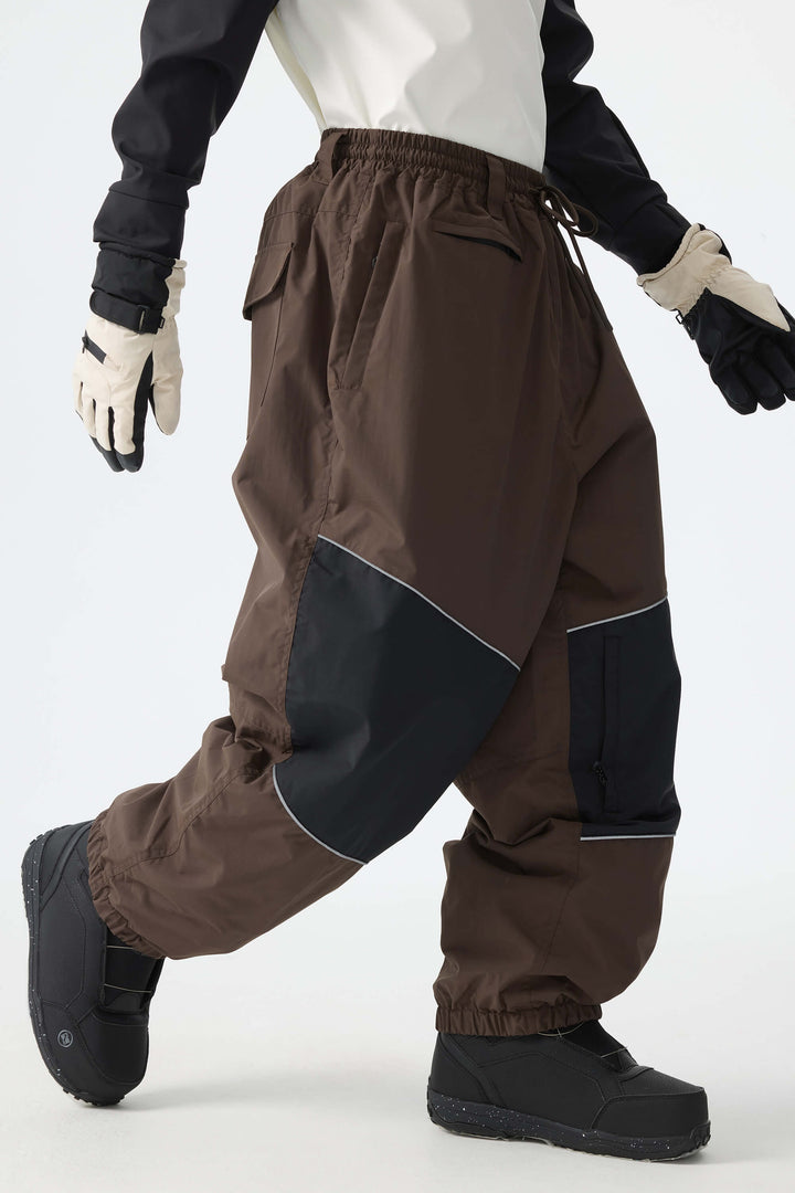 Men's Brown Color-Block Reflective Baggy Snow Pants