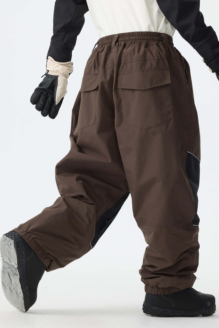 Men's Brown Color-Block Reflective Baggy Snow Pants