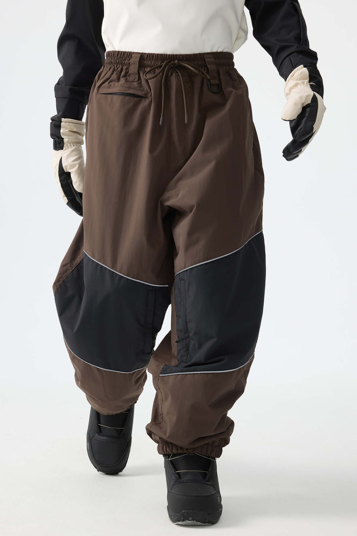 Men's Brown Color-Block Reflective Baggy Snow Pants