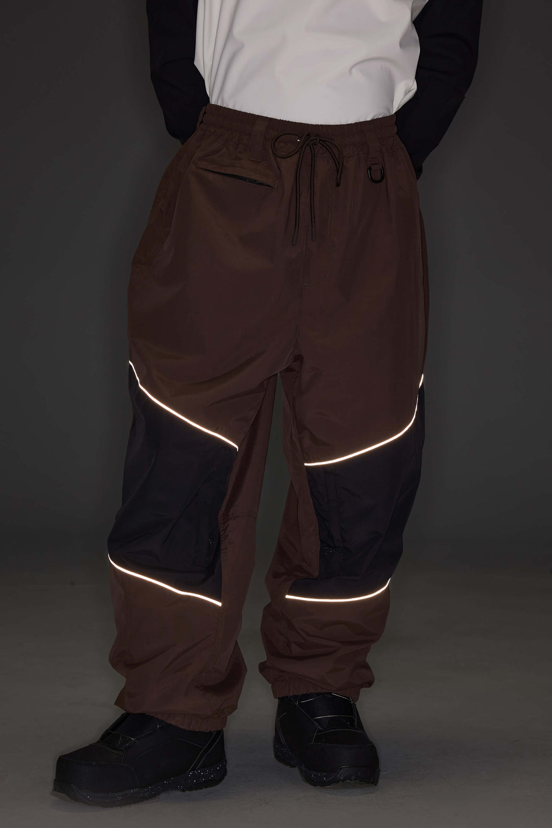 Men's Brown Color-Block Reflective Baggy Snow Pants