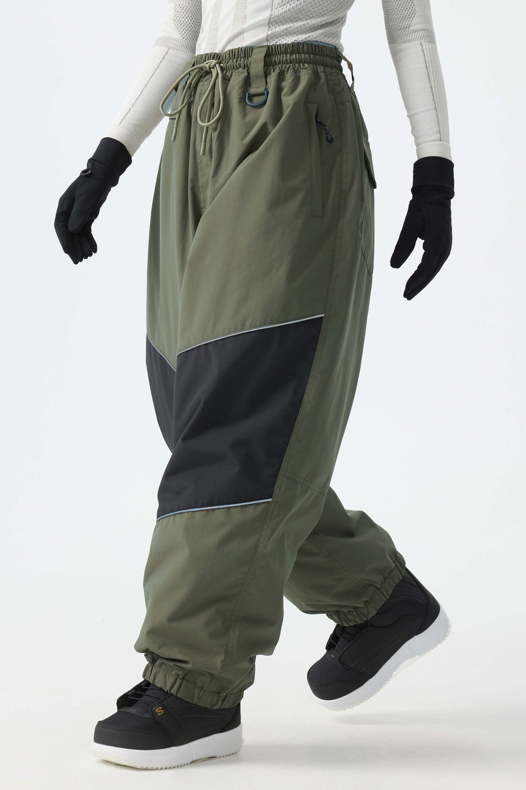 Women's Army Green Color-Block Reflective Baggy Snow Pants