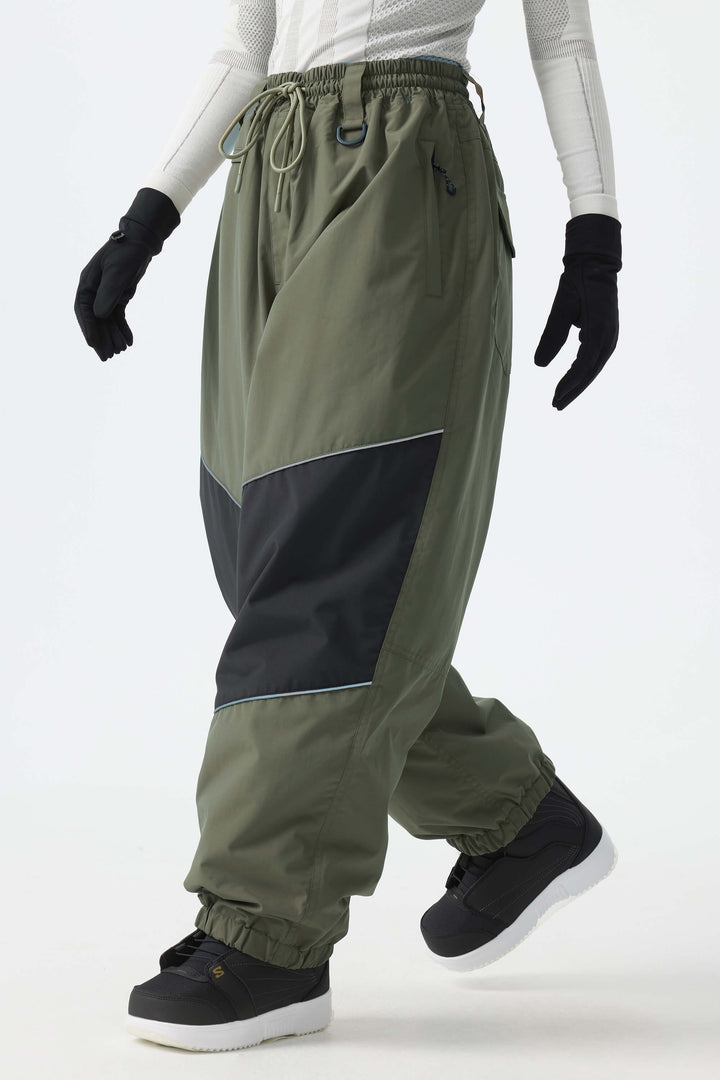 Women's Army Green Color-Block Reflective Baggy Snow Pants