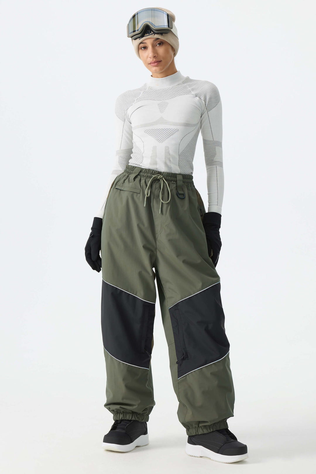 Women's Army Green Color-Block Reflective Baggy Snow Pants