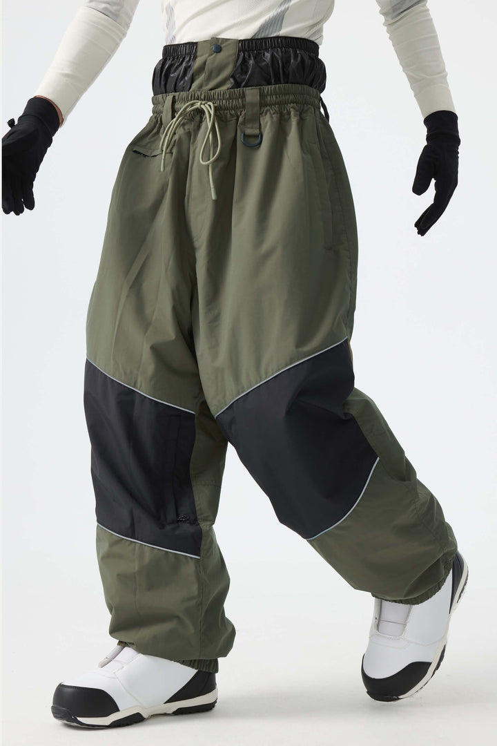Men's Brown Color-Block Reflective Baggy Snow Pants