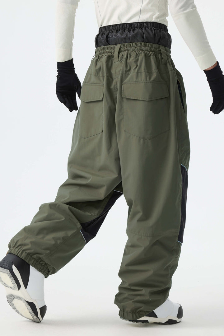 Men's Army Green Color-Block Reflective Baggy Snow Pants