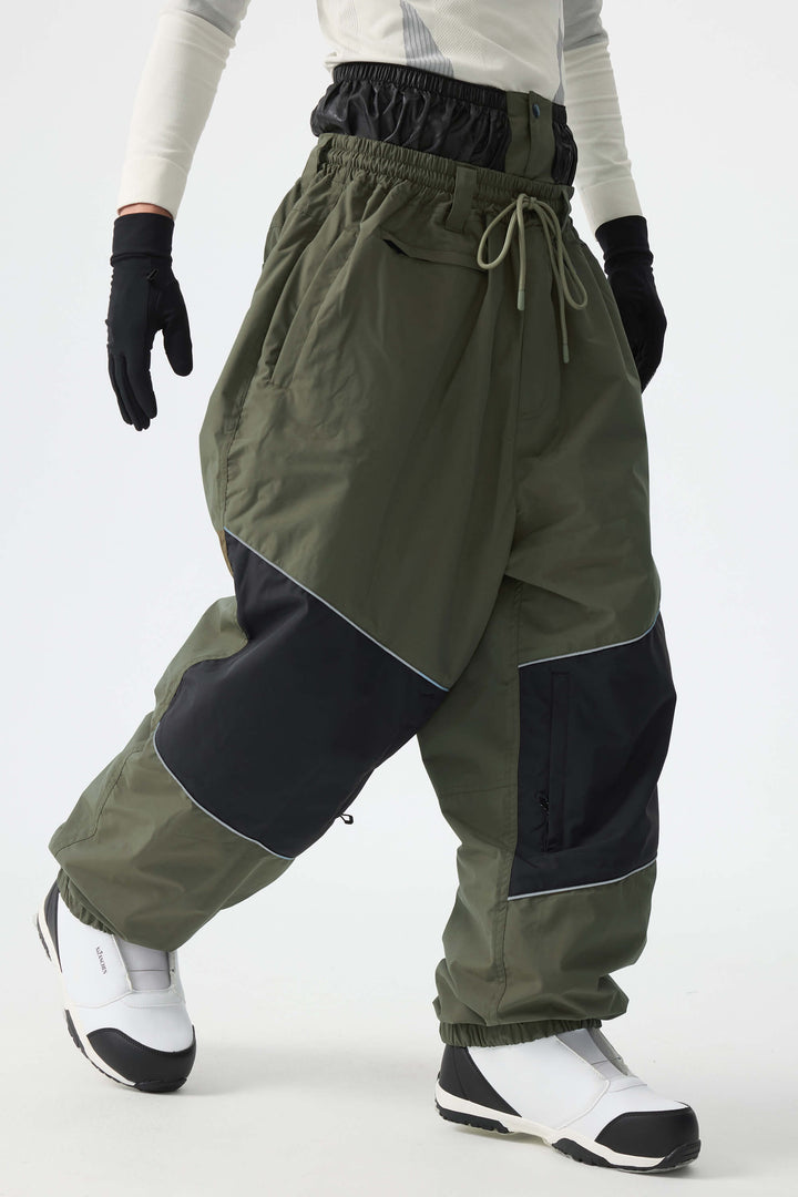 Men's Army Green Color-Block Reflective Baggy Snow Pants