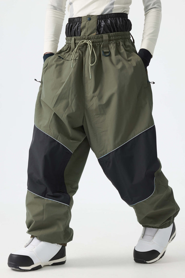 Men's Army Green Color-Block Reflective Baggy Snow Pants