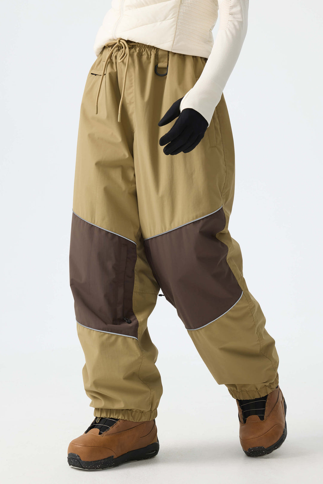 Women's Khaki Color-Block Reflective Baggy Snow Pants