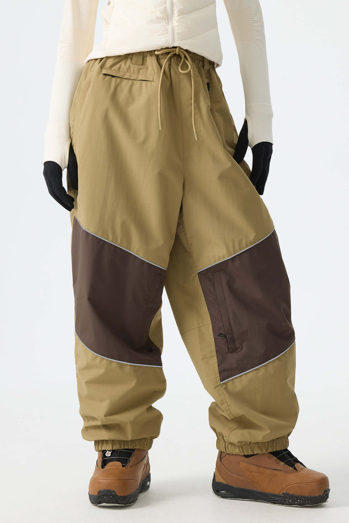 Women's Khaki Color-Block Reflective Baggy Snow Pants