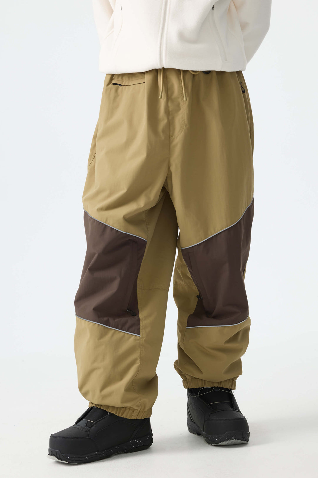 Men's Brown Color-Block Reflective Baggy Snow Pants