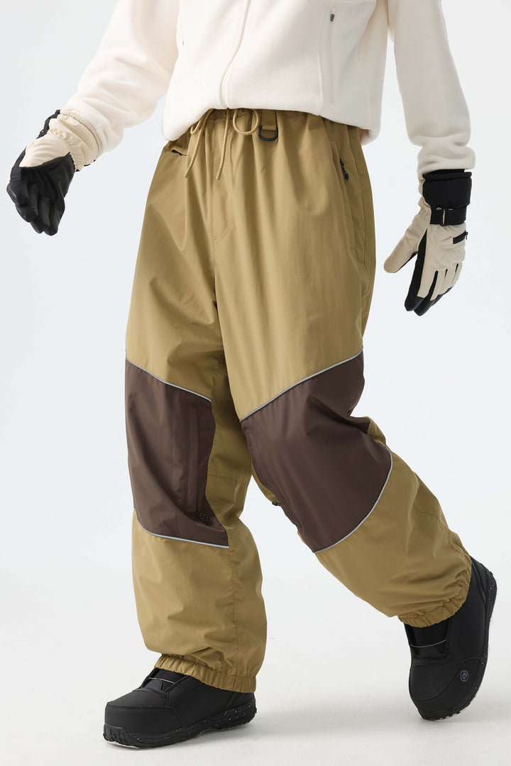 Men's Brown Color-Block Reflective Baggy Snow Pants