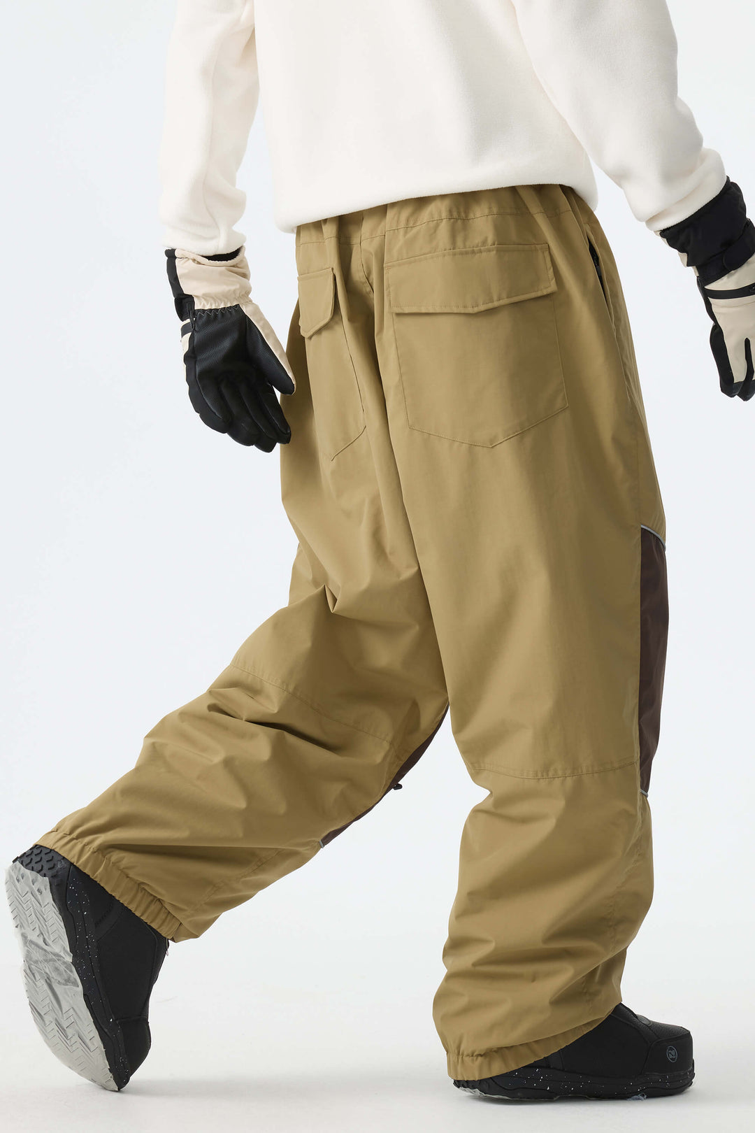 Men's Khaki Color-Block Reflective Baggy Snow Pants