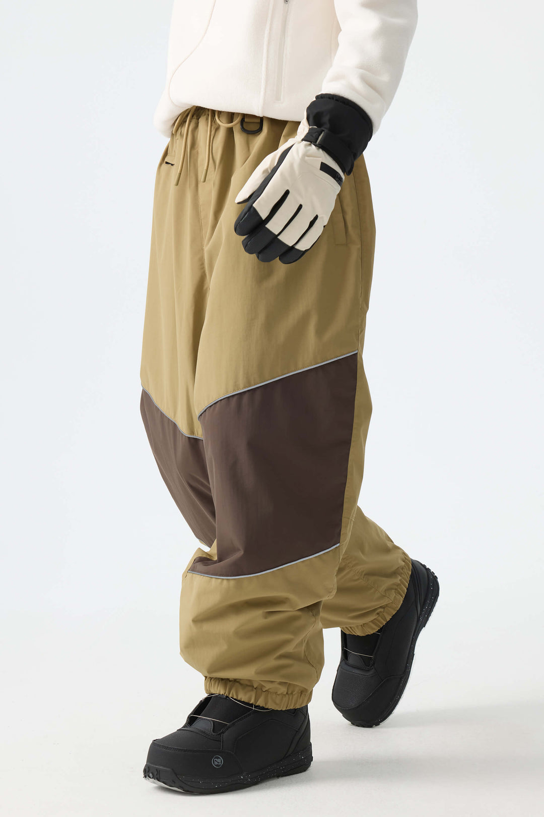 Men's Khaki Color-Block Reflective Baggy Snow Pants