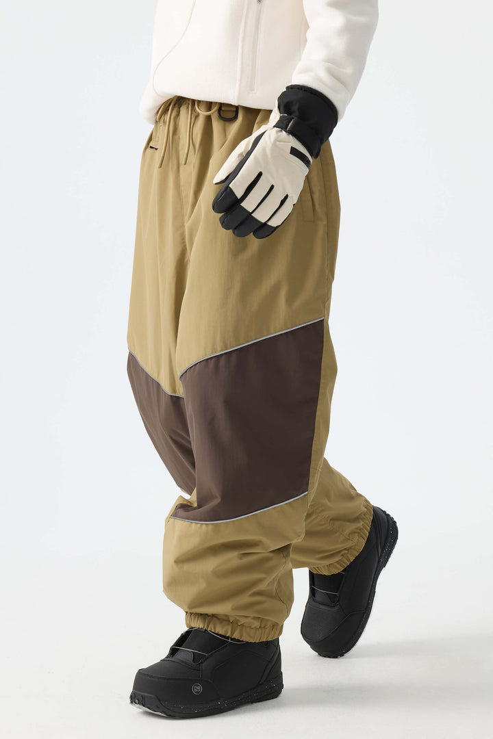 Men's Khaki Color-Block Reflective Baggy Snow Pants