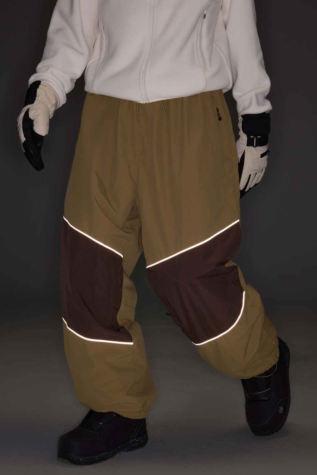 Men's Brown Color-Block Reflective Baggy Snow Pants