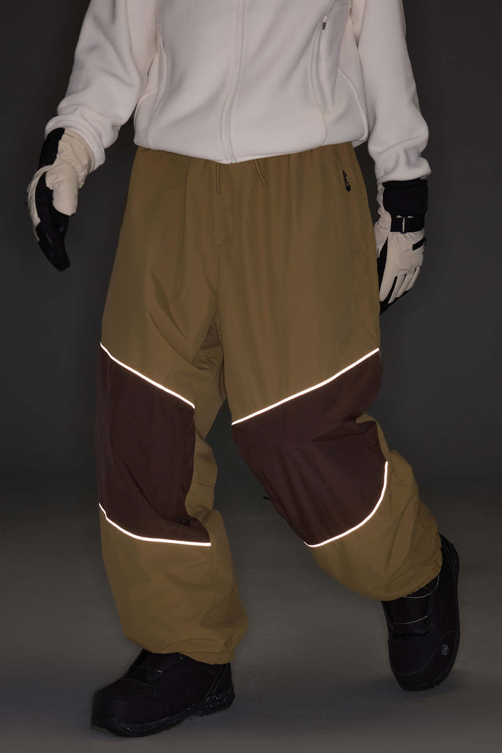 Men's Brown Color-Block Reflective Baggy Snow Pants