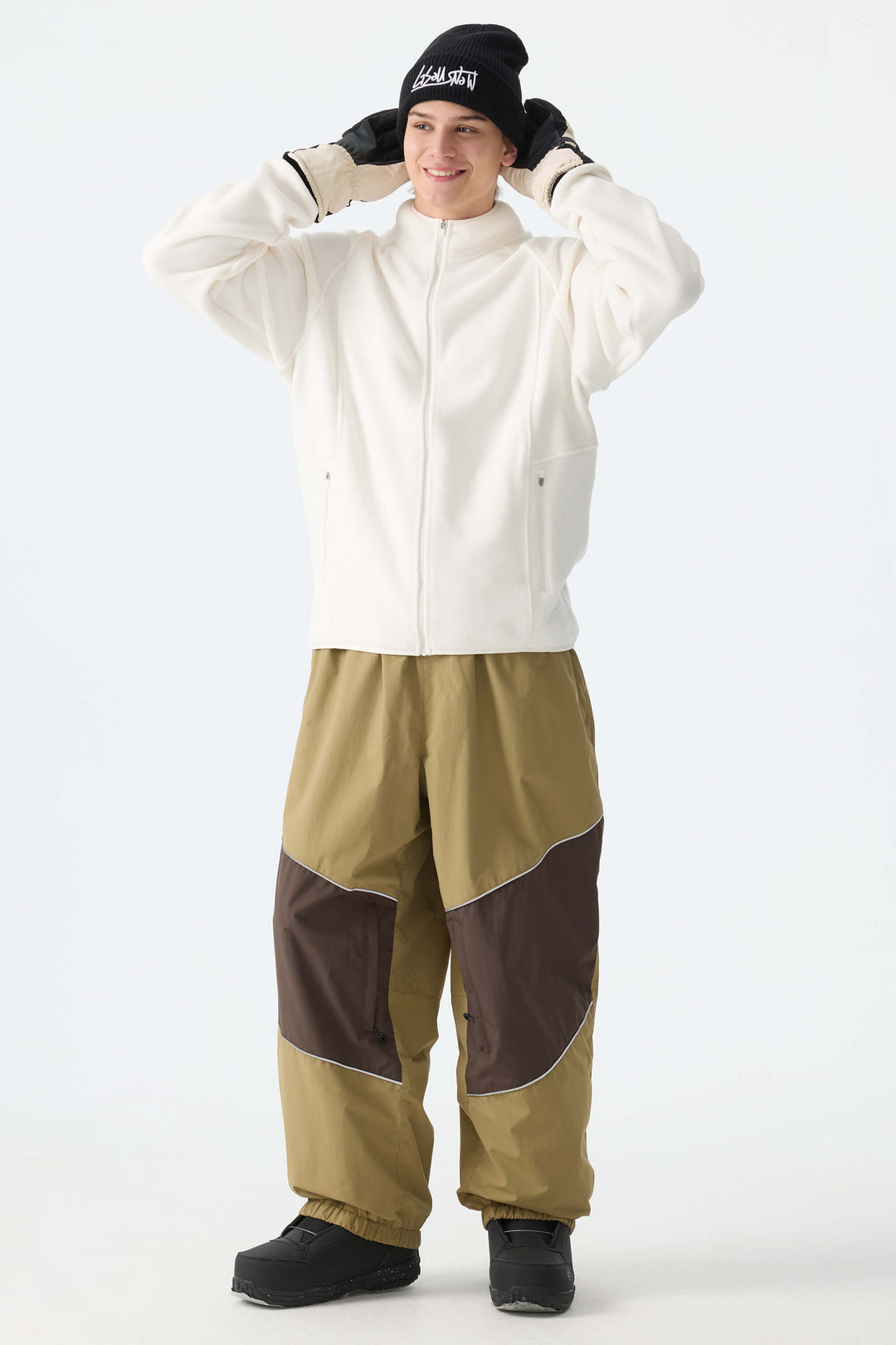 Men's Khaki Color-Block Reflective Baggy Snow Pants