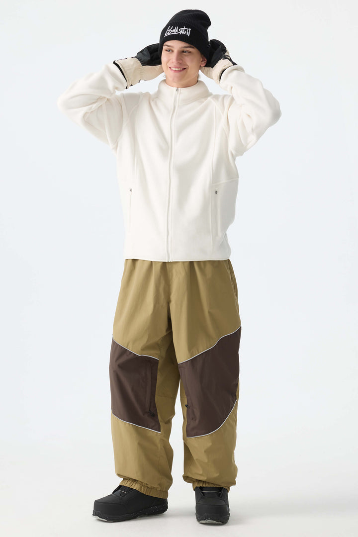 Men's Khaki Color-Block Reflective Baggy Snow Pants