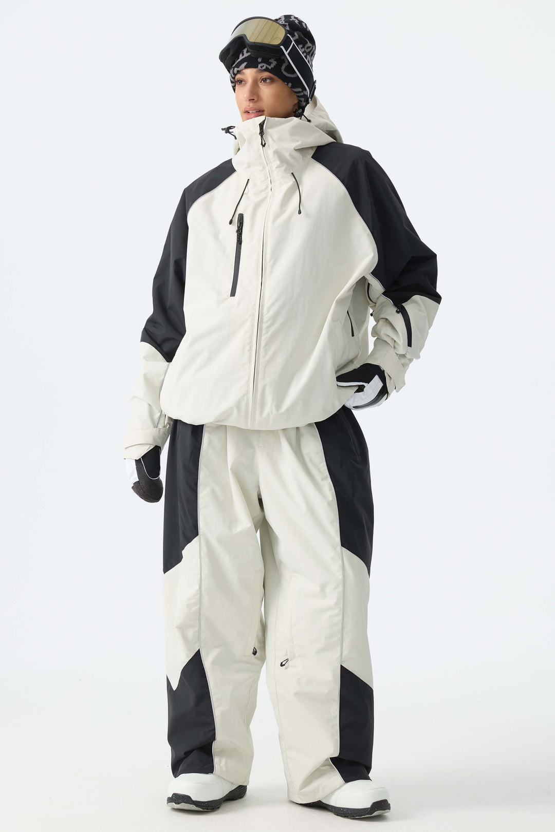 Women's Color Block Off White Waterproof Reflective Snow Pants