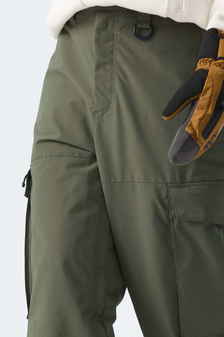 Calça de neve feminina folgada de alto desempenho para montanha, verde militar, para uso em todas as montanhas.