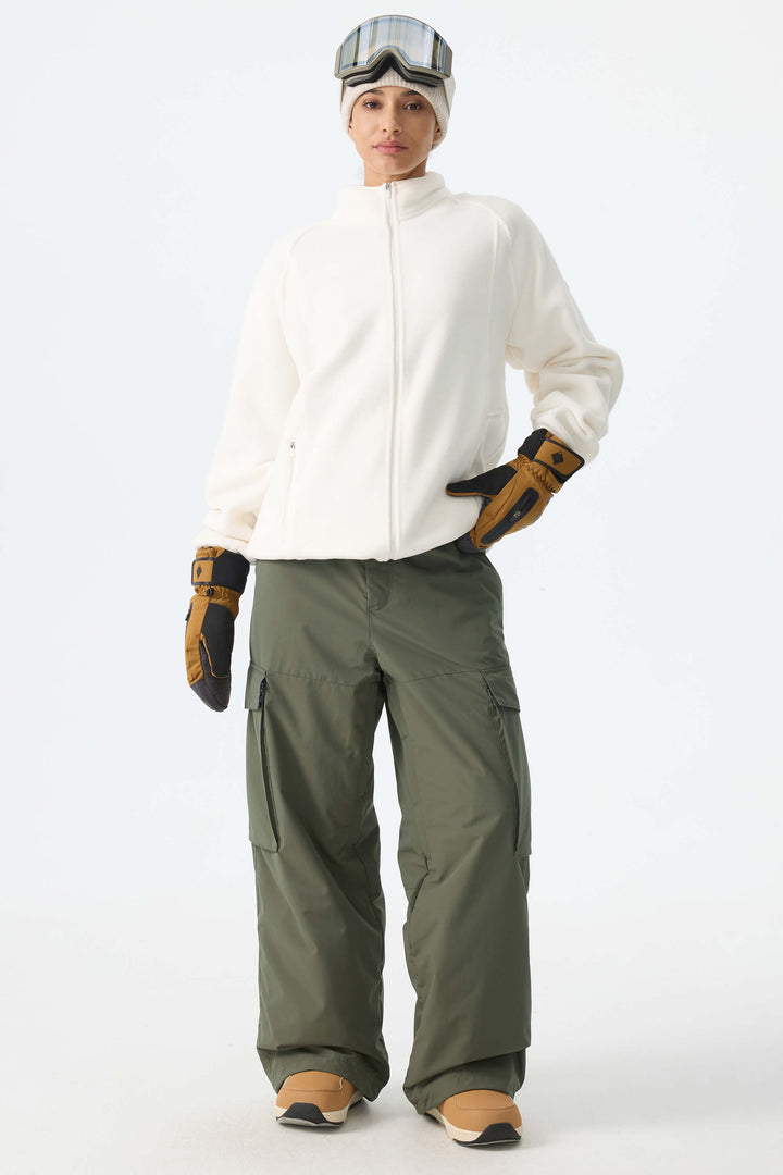 Calça de neve feminina folgada de alto desempenho para montanha, verde militar, para uso em todas as montanhas.