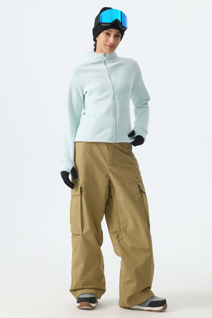 Calça de neve feminina cáqui, estilo folgada, para uso em montanha.