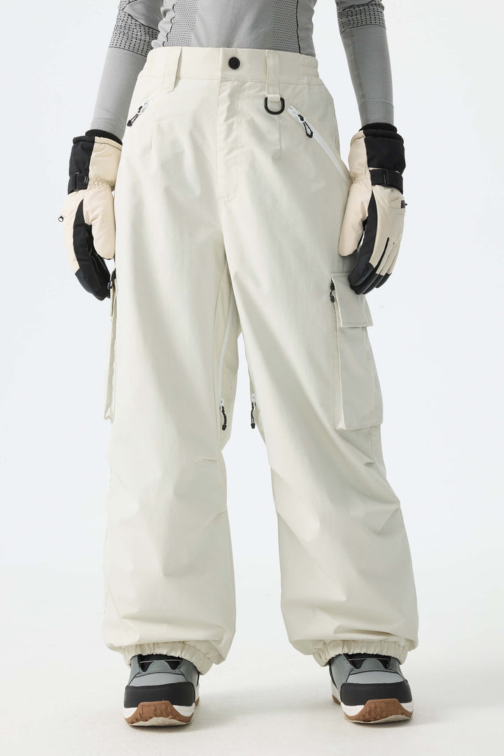 Calça de neve feminina folgada com detalhe de zíper contrastante na cor off-white