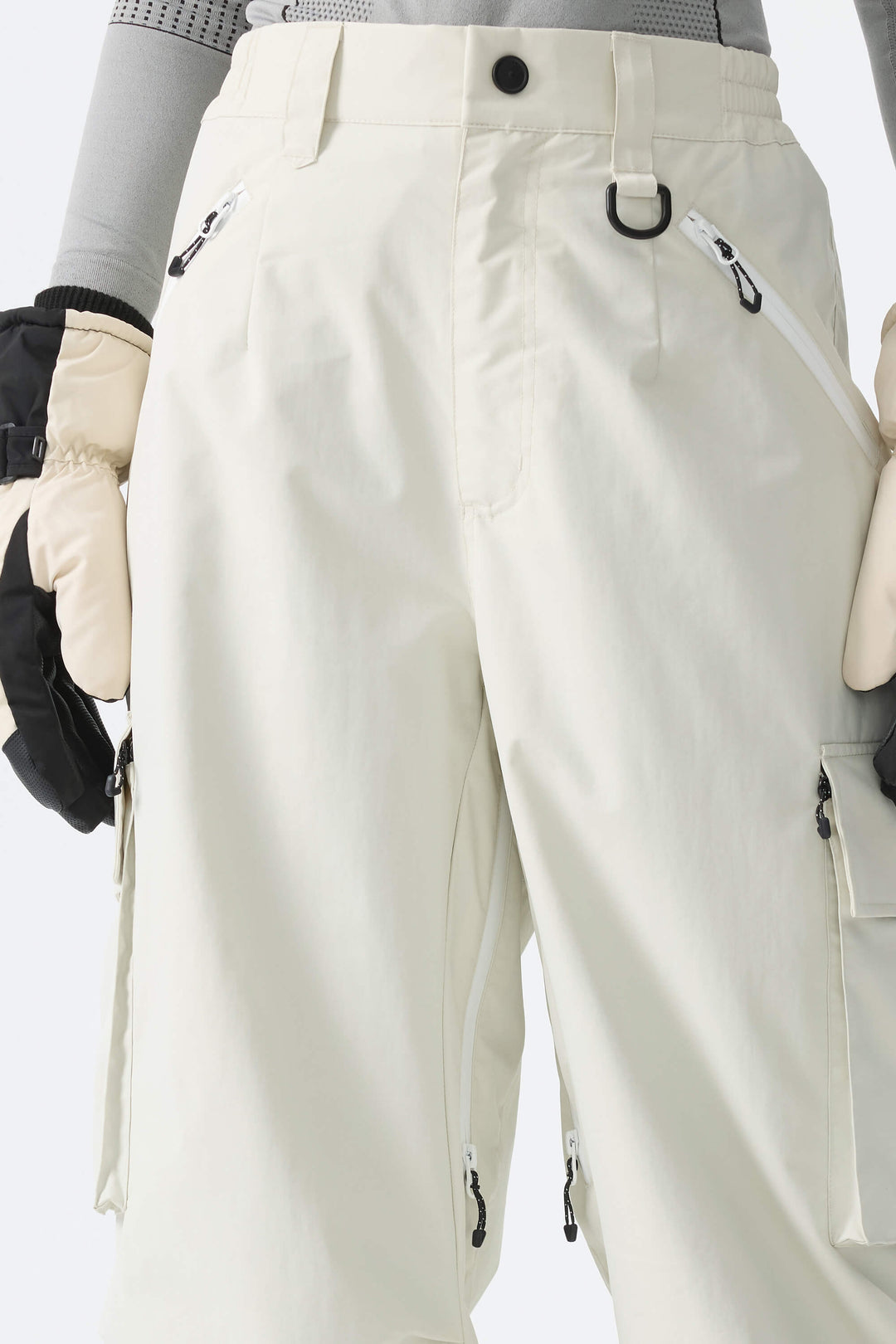 Calça de neve feminina folgada com detalhe de zíper contrastante na cor off-white