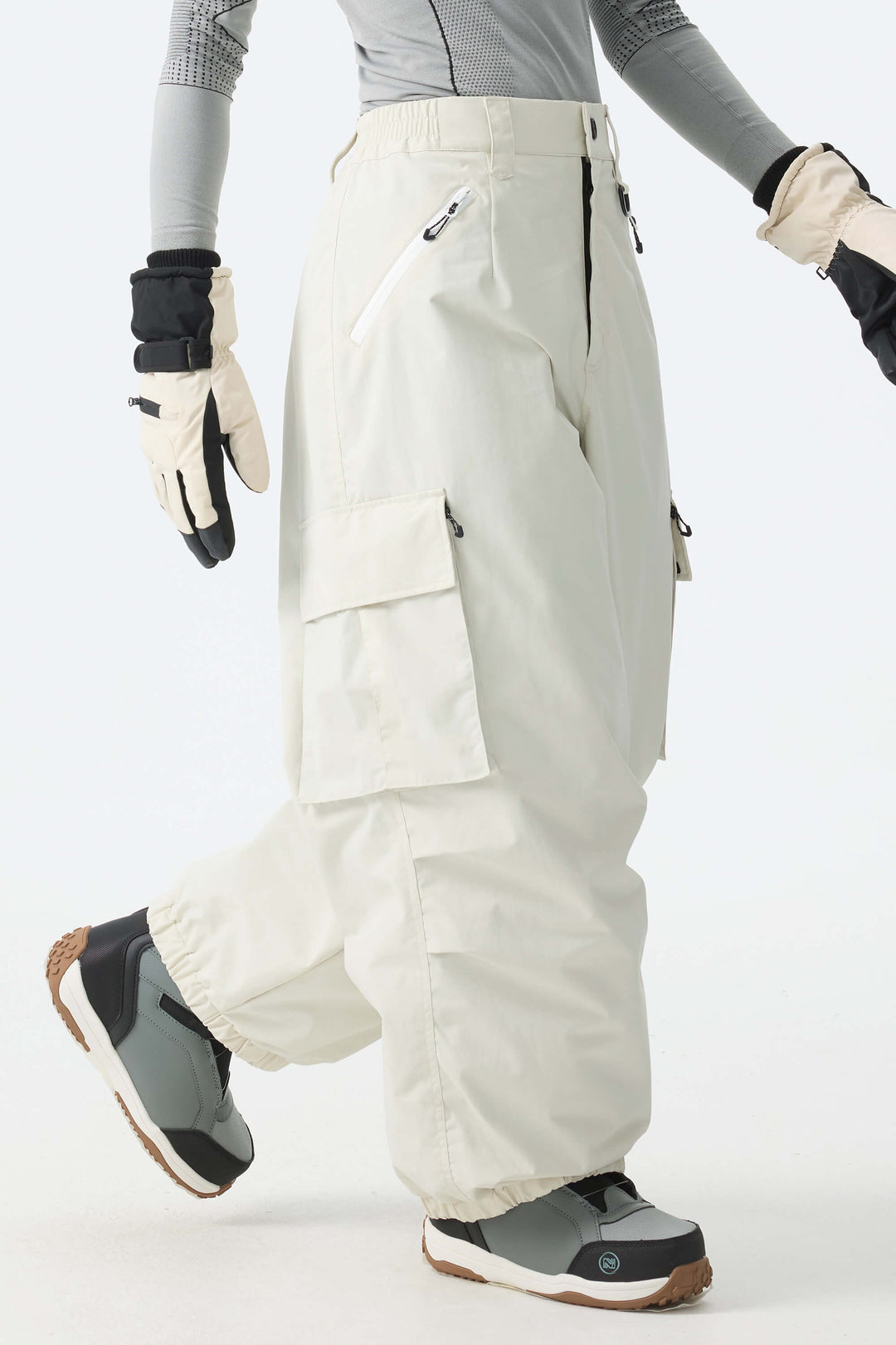 Calça de neve feminina folgada com detalhe de zíper contrastante na cor off-white
