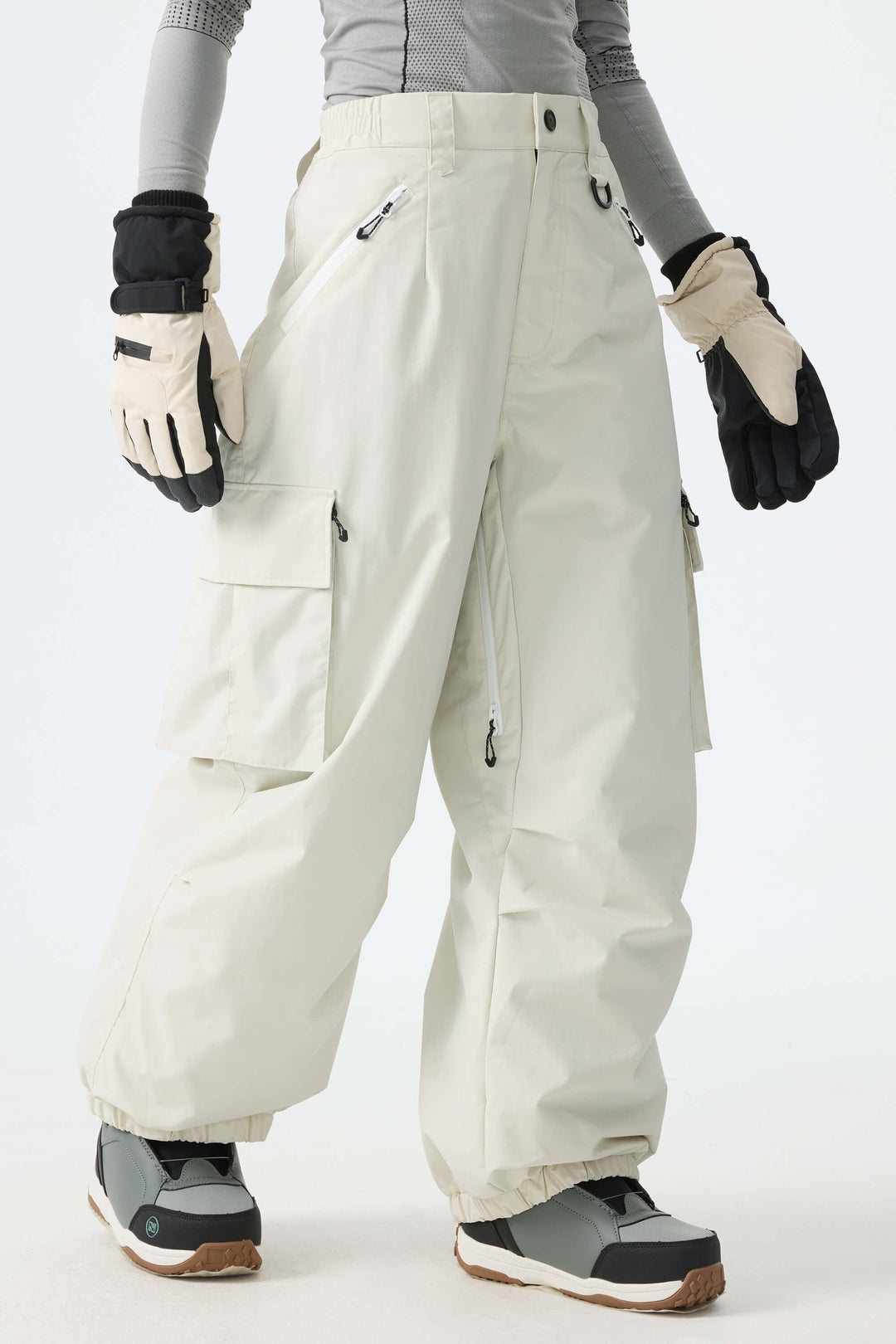Calça de neve feminina folgada com detalhe de zíper contrastante na cor off-white