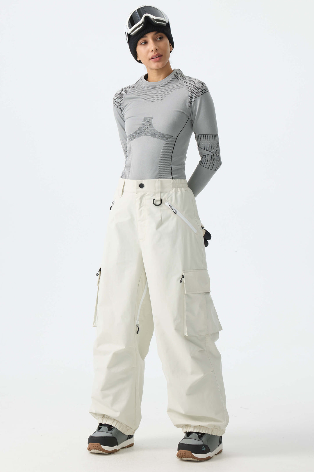 Calça de neve feminina folgada com detalhe de zíper contrastante na cor off-white