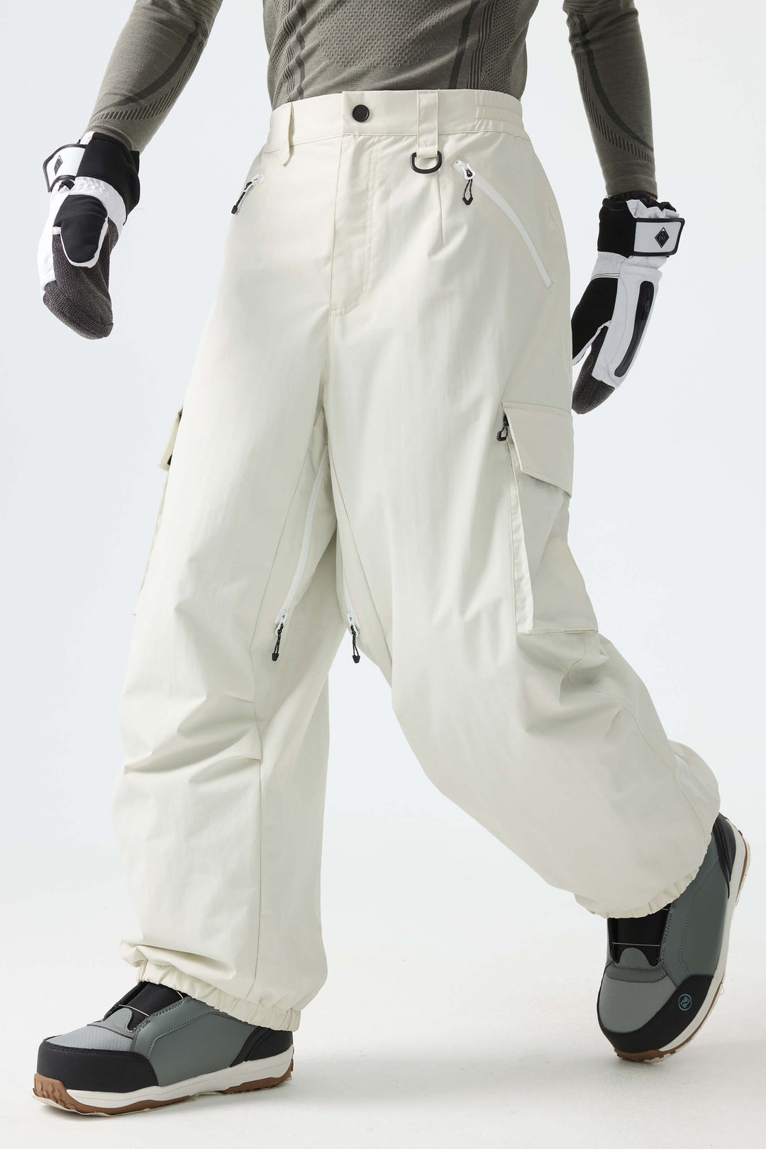 Men's Army Green Contrast Zipper Detail Baggy Snow Pants