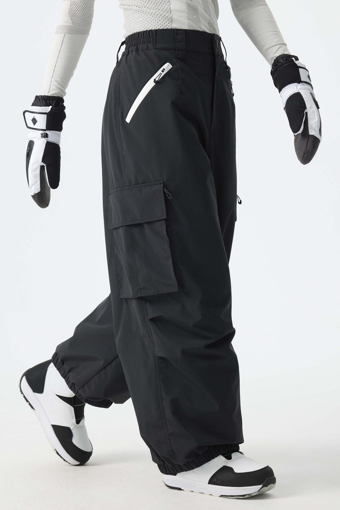 Calça de neve feminina folgada com detalhe de zíper contrastante na cor off-white