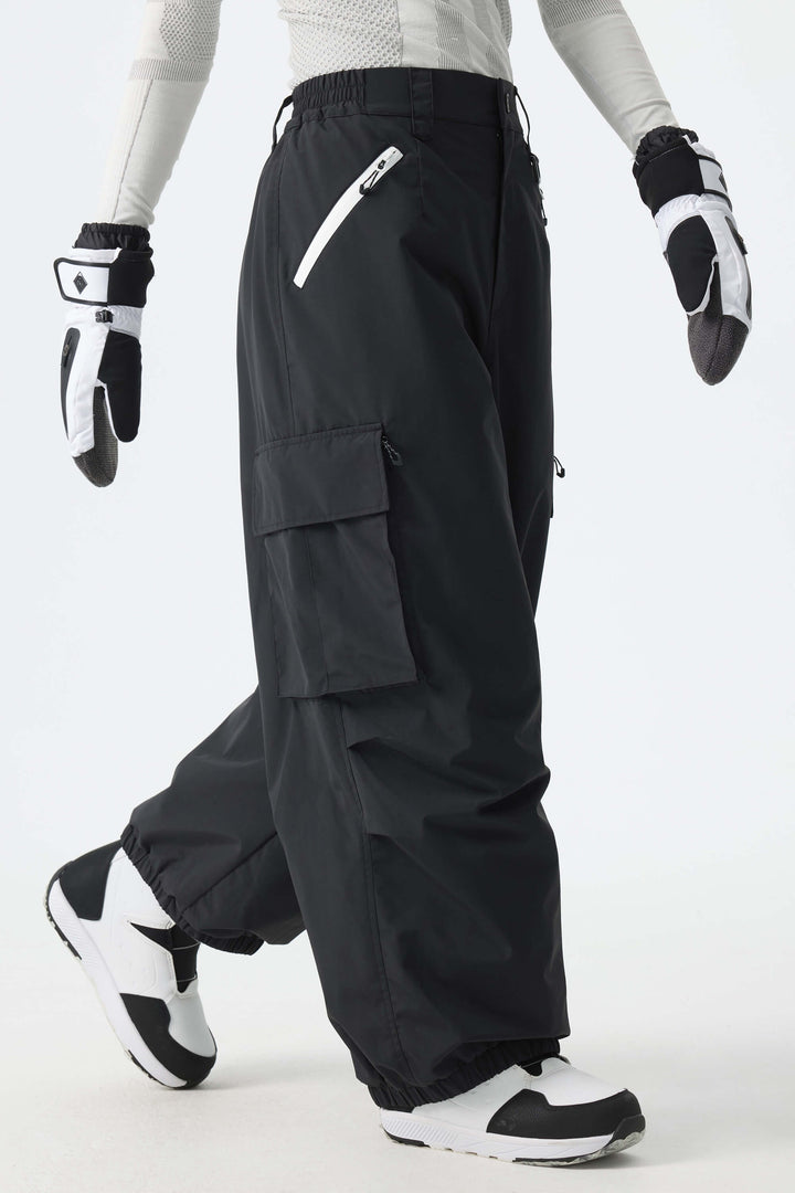 Calça de neve feminina folgada com detalhe de zíper contrastante na cor off-white