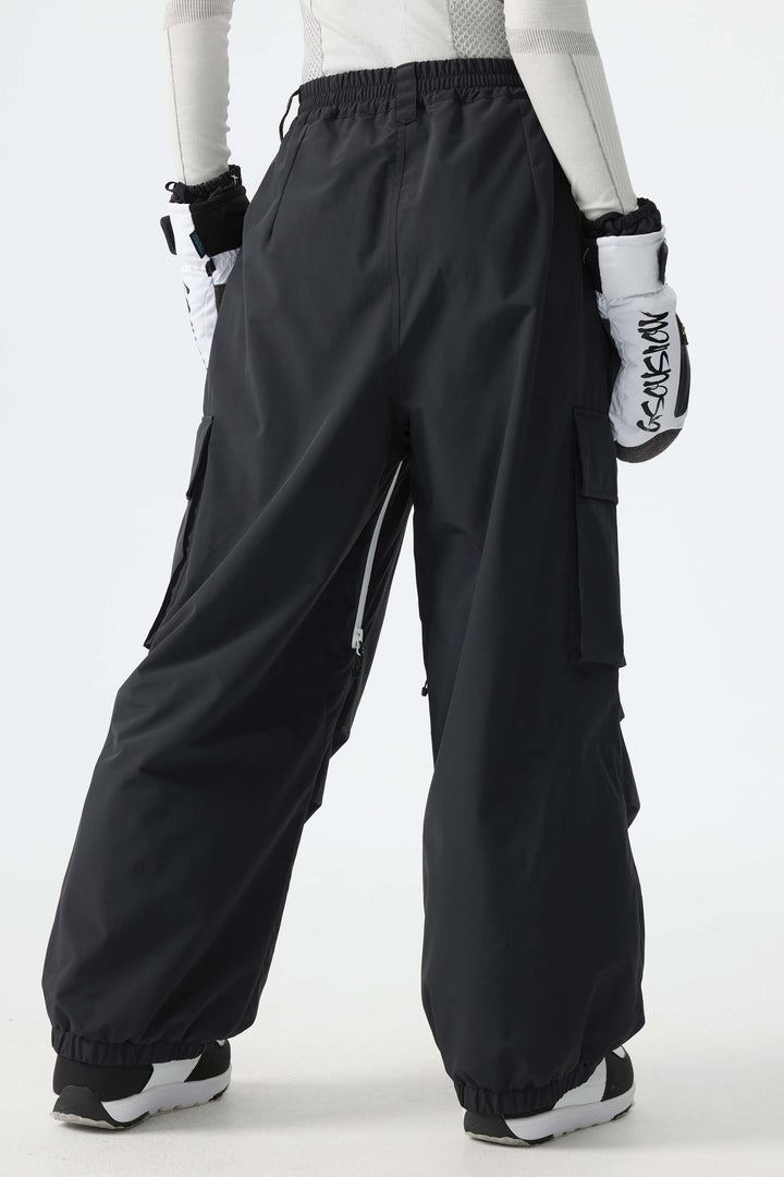 Calça de neve feminina preta folgada com detalhe de zíper contrastante