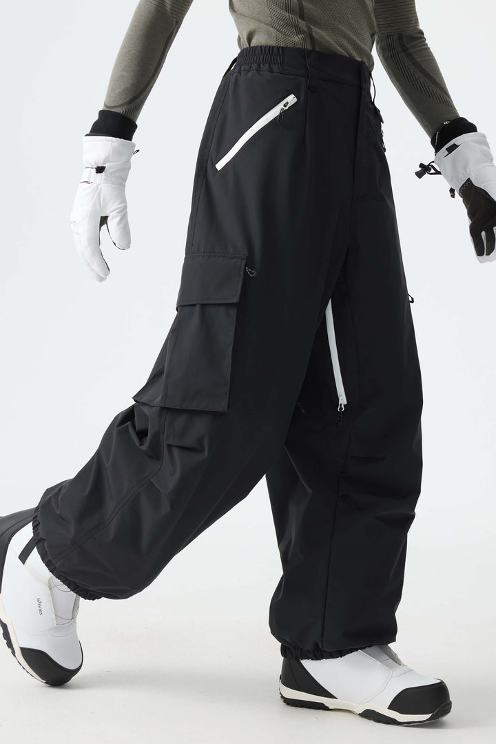 Men's Black Contrast Zipper Detail Baggy Snow Pants