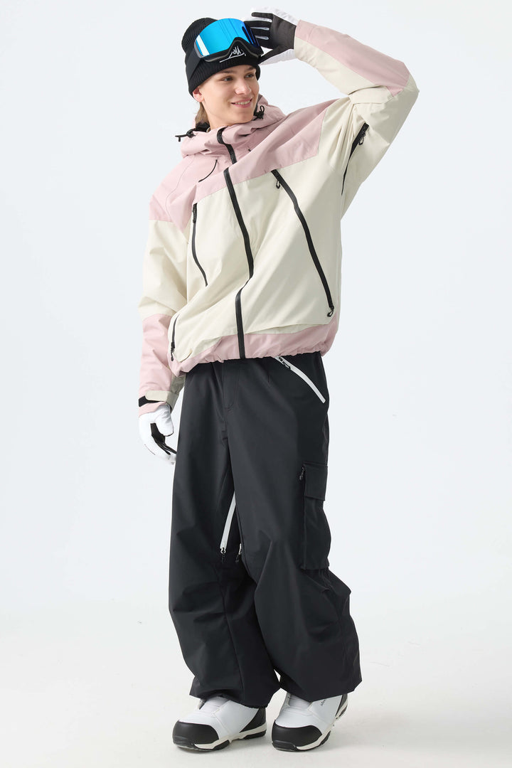 Men's Black Contrast Zipper Detail Baggy Snow Pants