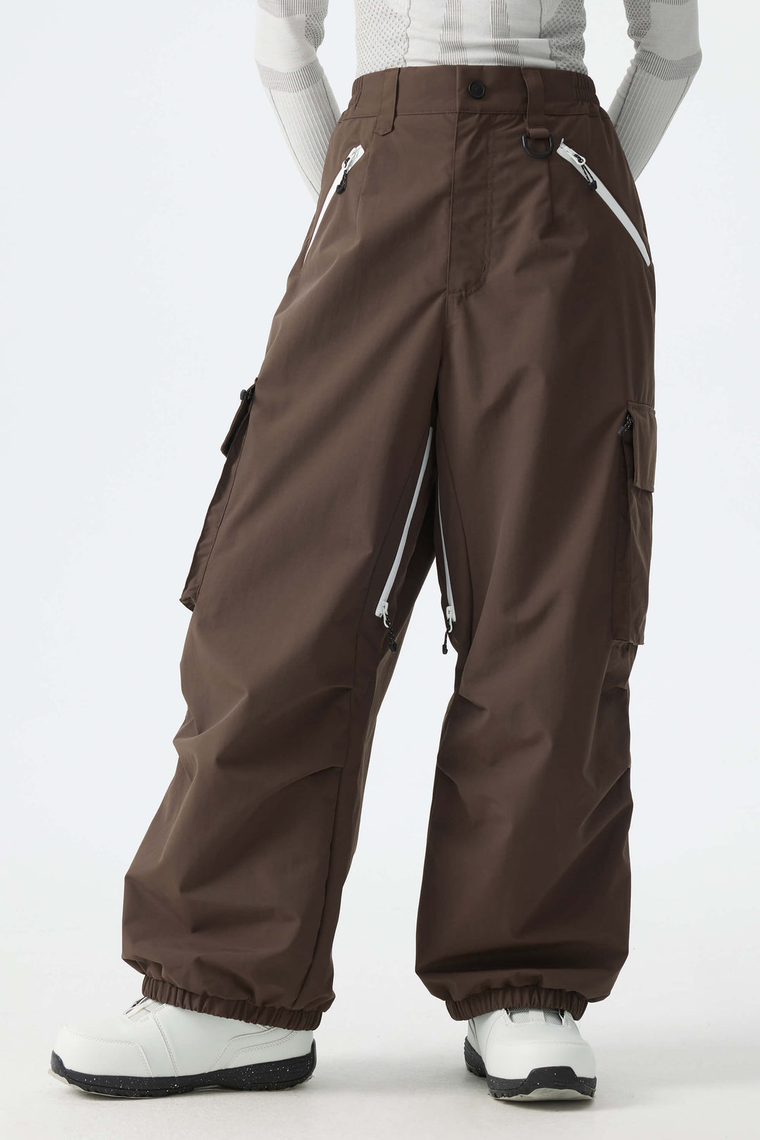 Calça de neve feminina folgada com detalhe de zíper contrastante na cor off-white