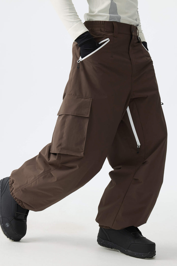 Men's Brown Contrast Zipper Detail Baggy Snow Pants
