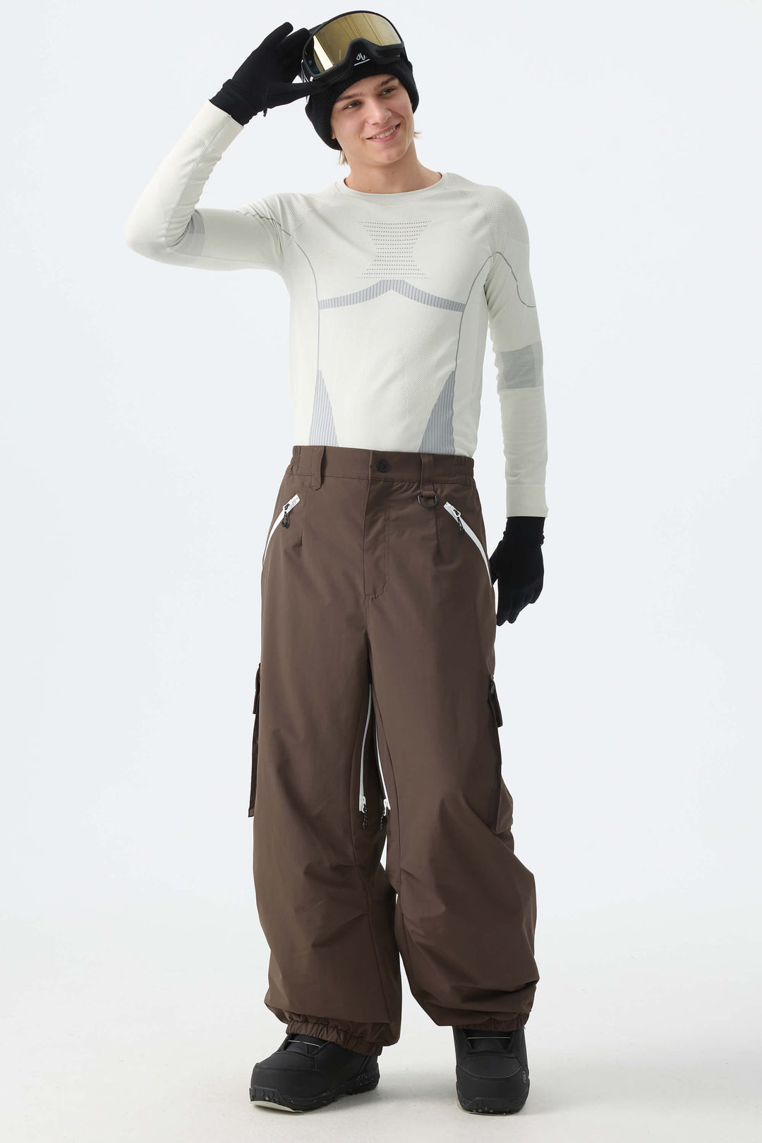 Men's Brown Contrast Zipper Detail Baggy Snow Pants