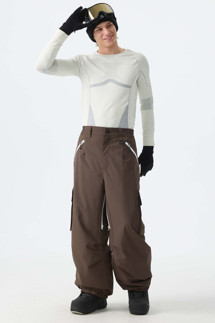 Men's Brown Contrast Zipper Detail Baggy Snow Pants