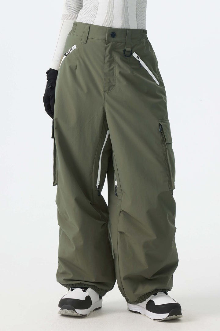 Calça de neve feminina folgada com detalhe de zíper contrastante na cor off-white