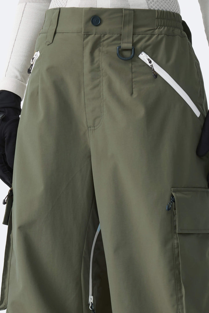 Calça de neve folgada feminina verde militar com detalhe de zíper contrastante
