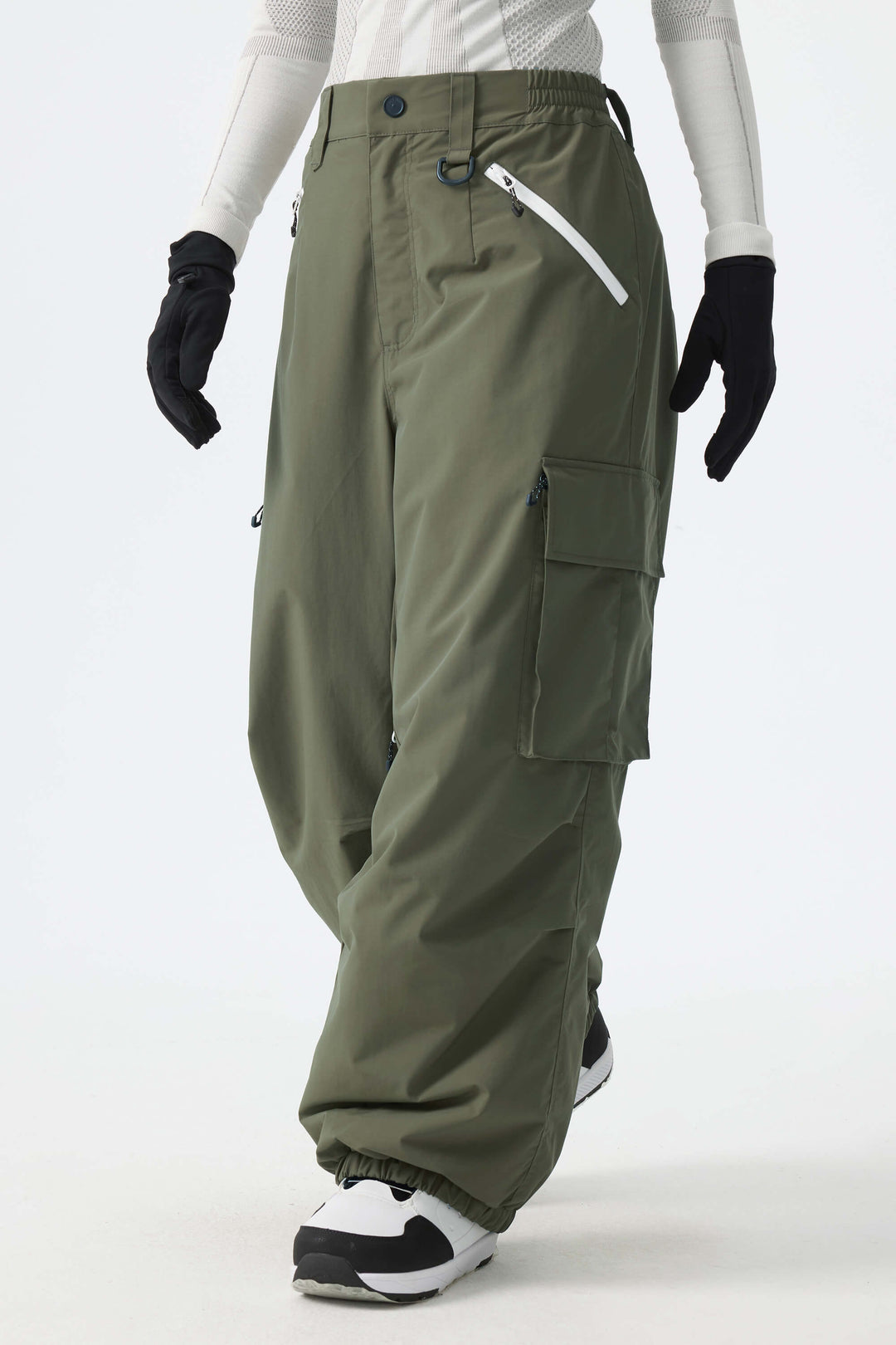 Calça de neve feminina folgada com detalhe de zíper contrastante na cor off-white