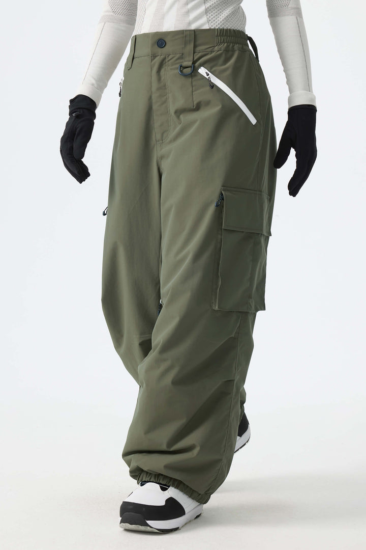 Calça de neve feminina folgada com detalhe de zíper contrastante na cor off-white