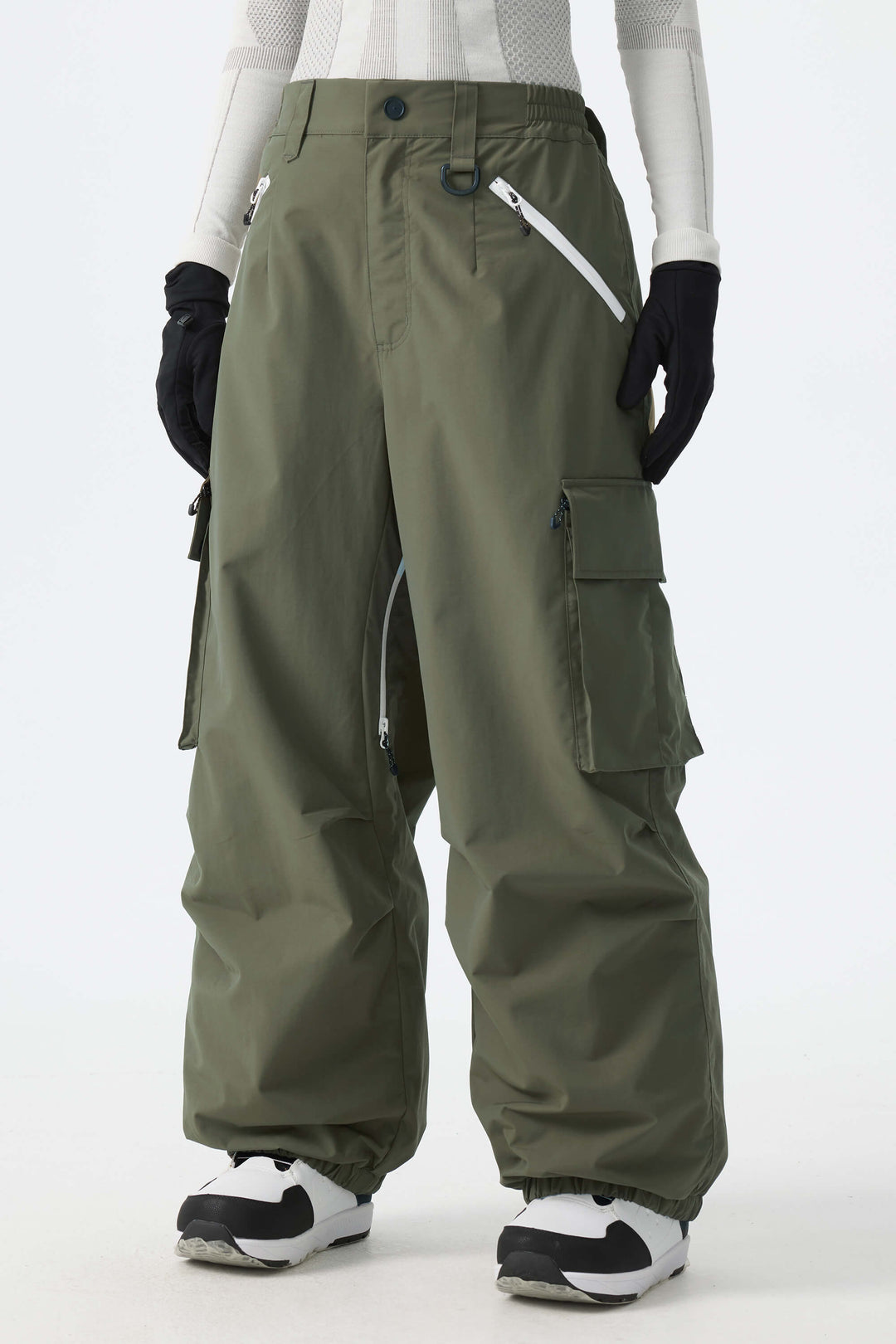 Calça de neve folgada feminina verde militar com detalhe de zíper contrastante